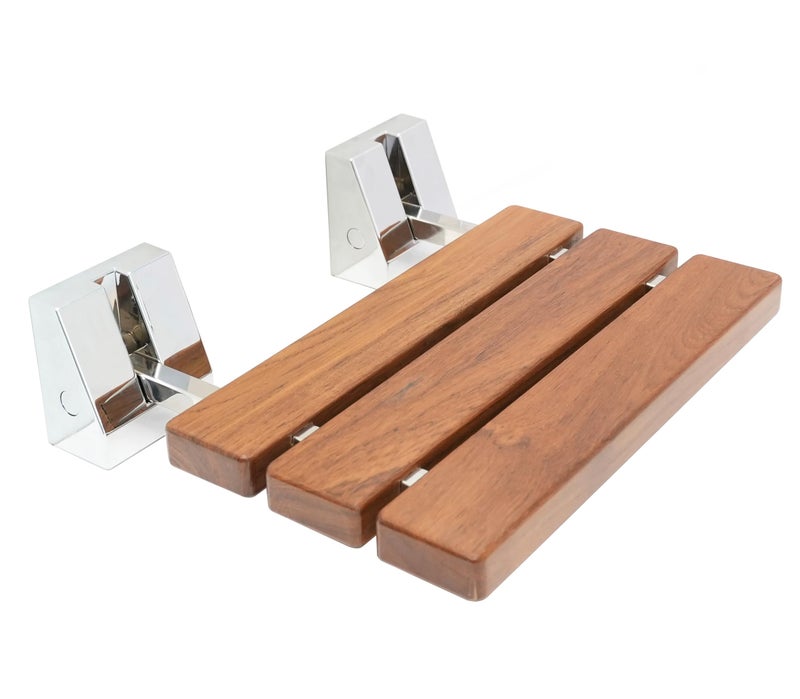 DIYHD 20" Modern Teak Wood Folding Shower Seat Bench Brushed Wall Mounted Shower Bench - Image 1